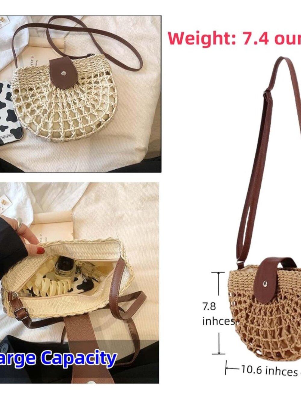 Straw Crossbody Bags for Women Trendy Boho Semicircular Shape Hollow Out Bag Chi - Picture 6 of 7